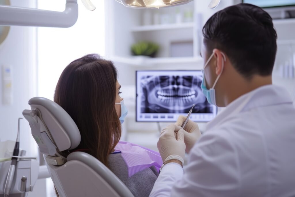 A lady patient in a dental chair and male dentist looking at an x ray together adult electronics technology. A lady patient in a dental chair and male dentist looking at an x ray together adult electronics technology.
